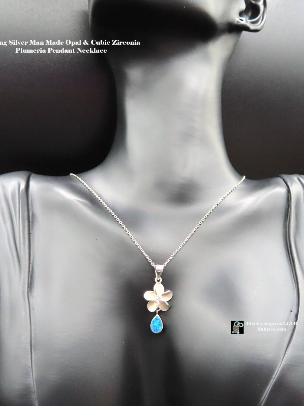 Simulated opal , CZ & Sterling Silver Plumeria Necklace